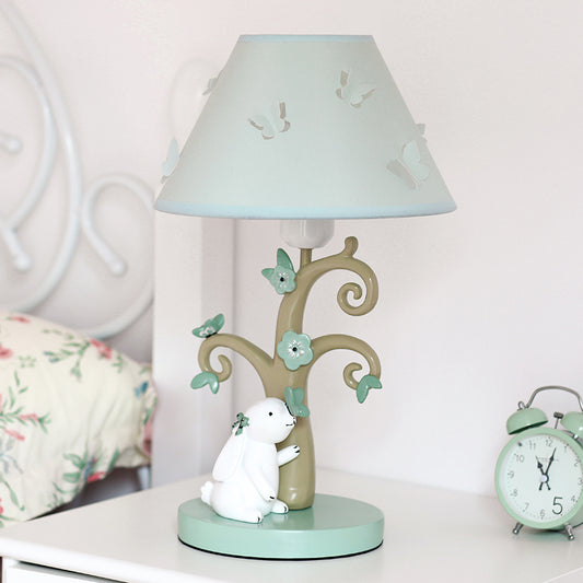 Cone Shade Fabric Nightstand Light Cartoon 1 Head Blue Table Lamp with Tree Base and Rabbit Decor Blue Clearhalo 'Lamps' 'Table Lamps' Lighting' 760130