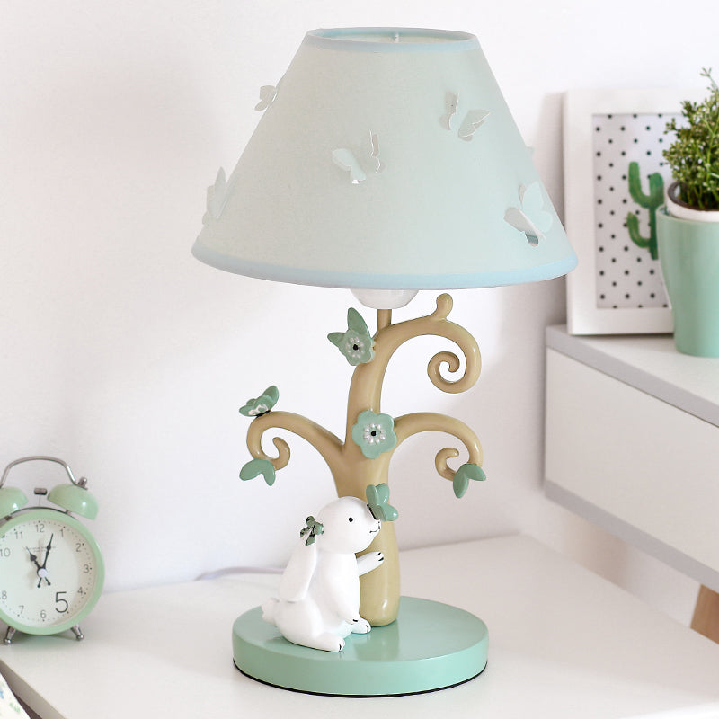 Cone Shade Fabric Nightstand Light Cartoon 1 Head Blue Table Lamp with Tree Base and Rabbit Decor Clearhalo 'Lamps' 'Table Lamps' Lighting' 760131