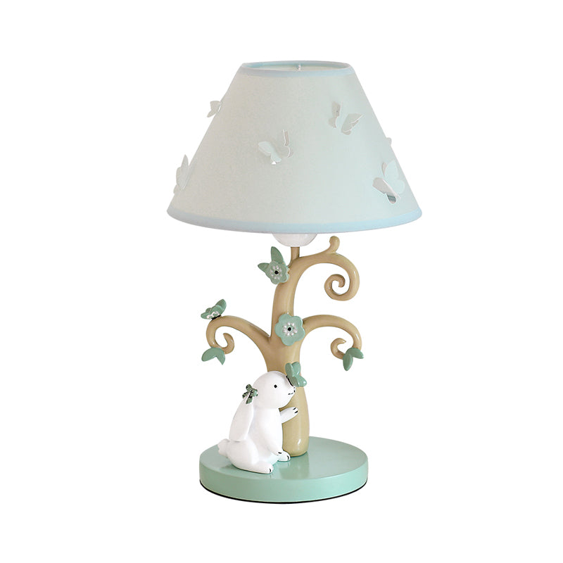 Cone Shade Fabric Nightstand Light Cartoon 1 Head Blue Table Lamp with Tree Base and Rabbit Decor Clearhalo 'Lamps' 'Table Lamps' Lighting' 760132