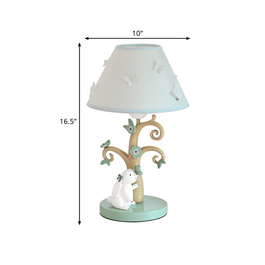 Cone Shade Fabric Nightstand Light Cartoon 1 Head Blue Table Lamp with Tree Base and Rabbit Decor Clearhalo 'Lamps' 'Table Lamps' Lighting' 760133