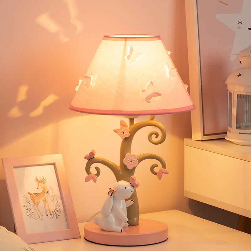 Kids Rabbit and Tree Table Lighting Resin Single Girl's Bedroom Night Light with Wide Cone Fabric Shade in Pink Pink Clearhalo 'Lamps' 'Table Lamps' Lighting' 760134