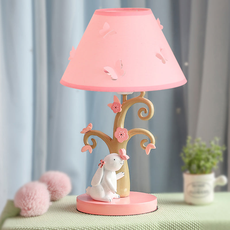 Kids Rabbit and Tree Table Lighting Resin Single Girl's Bedroom Night Light with Wide Cone Fabric Shade in Pink Clearhalo 'Lamps' 'Table Lamps' Lighting' 760135