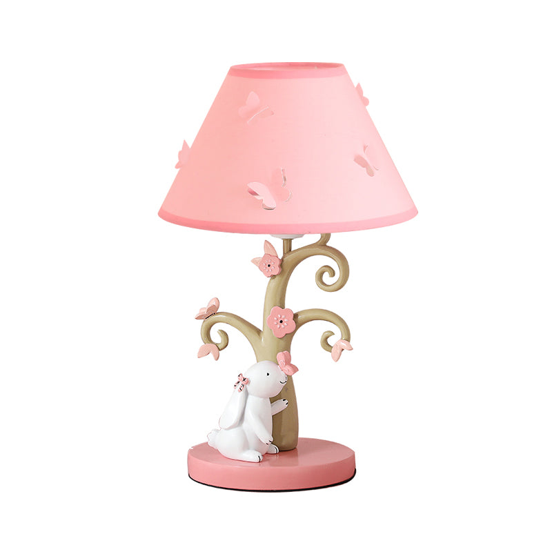 Kids Rabbit and Tree Table Lighting Resin Single Girl's Bedroom Night Light with Wide Cone Fabric Shade in Pink Clearhalo 'Lamps' 'Table Lamps' Lighting' 760136