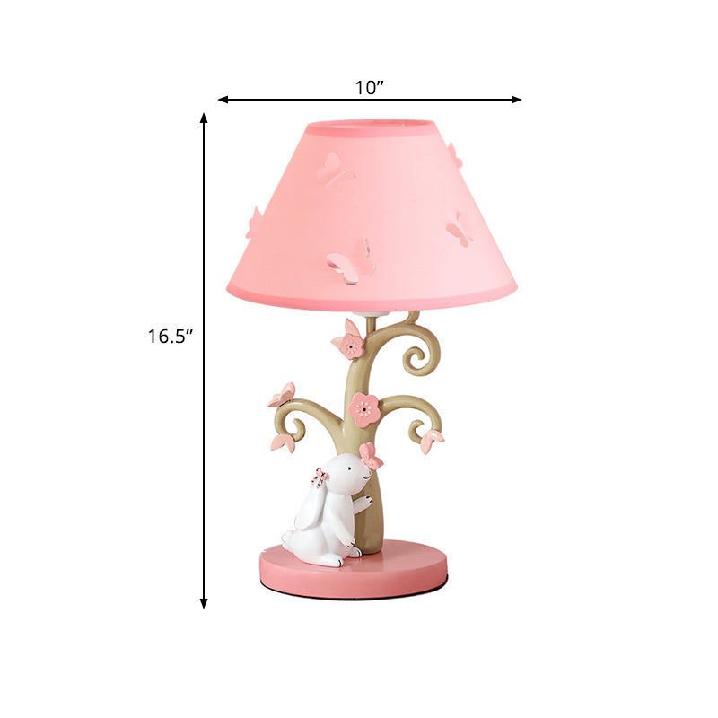 Kids Rabbit and Tree Table Lighting Resin Single Girl's Bedroom Night Light with Wide Cone Fabric Shade in Pink Clearhalo 'Lamps' 'Table Lamps' Lighting' 760137