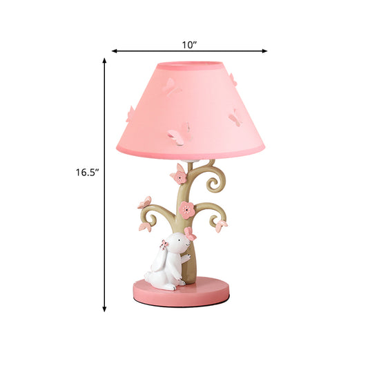 Kids Rabbit and Tree Table Lighting Resin Single Girl's Bedroom Night Light with Wide Cone Fabric Shade in Pink Clearhalo 'Lamps' 'Table Lamps' Lighting' 760137
