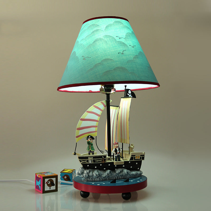 Pirate Sailboat Boy's Bedside Table Lamp Resin 1 Light Kids Nightstand Light with Conical Shade in Blue Blue Clearhalo 'Lamps' 'Table Lamps' Lighting' 760138