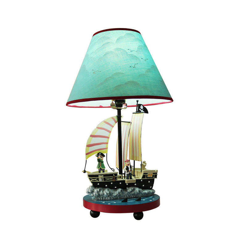 Pirate Sailboat Boy's Bedside Table Lamp Resin 1 Light Kids Nightstand Light with Conical Shade in Blue Clearhalo 'Lamps' 'Table Lamps' Lighting' 760139