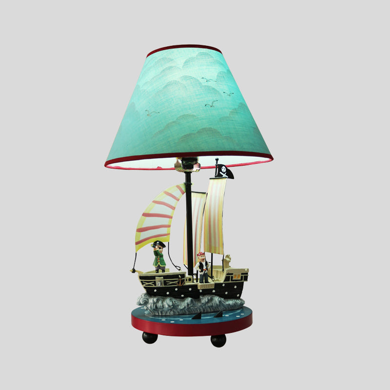 Pirate Sailboat Boy's Bedside Table Lamp Resin 1 Light Kids Nightstand Light with Conical Shade in Blue Clearhalo 'Lamps' 'Table Lamps' Lighting' 760140