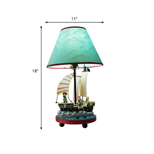 Pirate Sailboat Boy's Bedside Table Lamp Resin 1 Light Kids Nightstand Light with Conical Shade in Blue Clearhalo 'Lamps' 'Table Lamps' Lighting' 760141