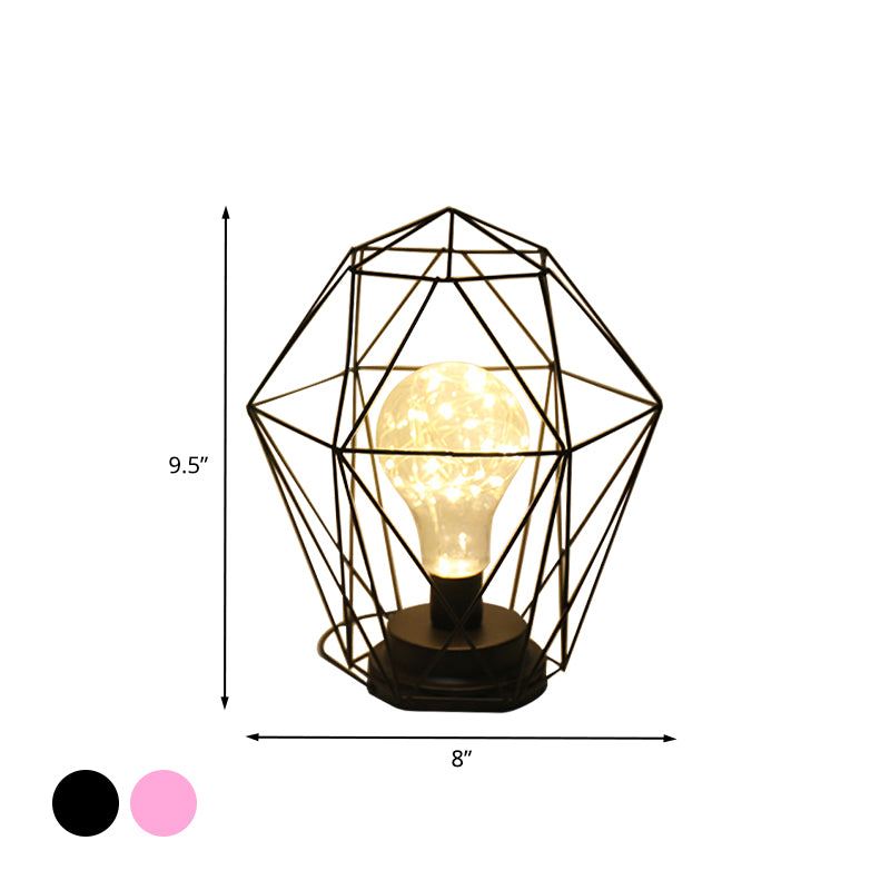 Macaron Diamond/Geometric Nightstand Lamp Iron Girl's Room LED Table Light in Black/Pink with Glow String Inside Clearhalo 'Night Lights' 'Wall Lights' Lighting' 760193