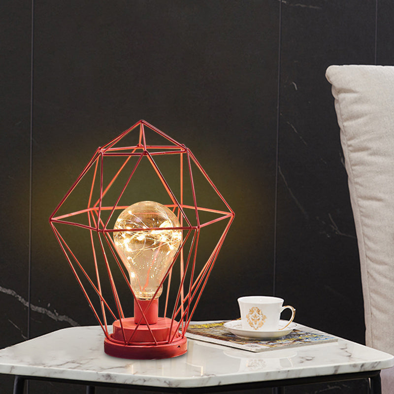 Macaron Diamond/Geometric Nightstand Lamp Iron Girl's Room LED Table Light in Black/Pink with Glow String Inside Pink Geometric Clearhalo 'Night Lights' 'Wall Lights' Lighting' 760194