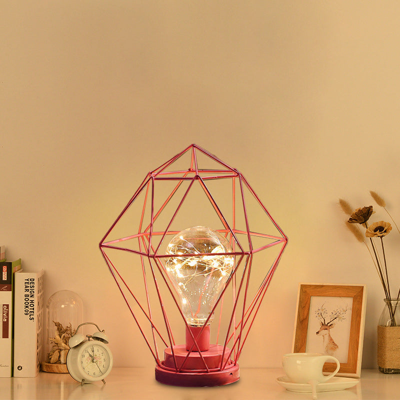 Macaron Diamond/Geometric Nightstand Lamp Iron Girl's Room LED Table Light in Black/Pink with Glow String Inside Clearhalo 'Night Lights' 'Wall Lights' Lighting' 760195