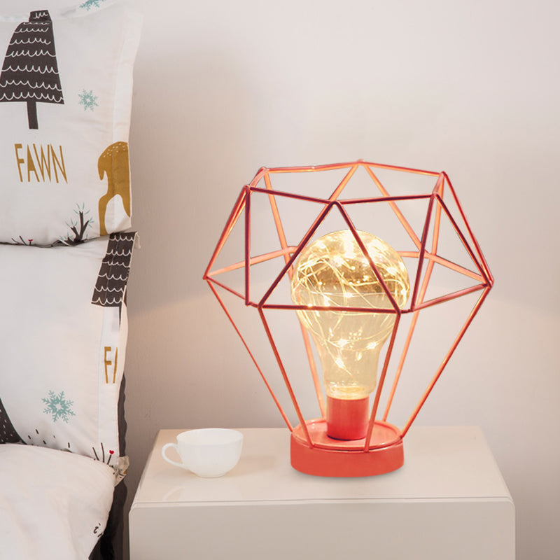 Macaron Diamond/Geometric Nightstand Lamp Iron Girl's Room LED Table Light in Black/Pink with Glow String Inside Pink Diamond Clearhalo 'Night Lights' 'Wall Lights' Lighting' 760197