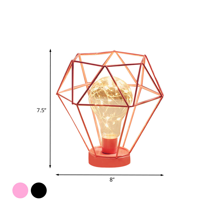 Macaron Diamond/Geometric Nightstand Lamp Iron Girl's Room LED Table Light in Black/Pink with Glow String Inside Clearhalo 'Night Lights' 'Wall Lights' Lighting' 760200