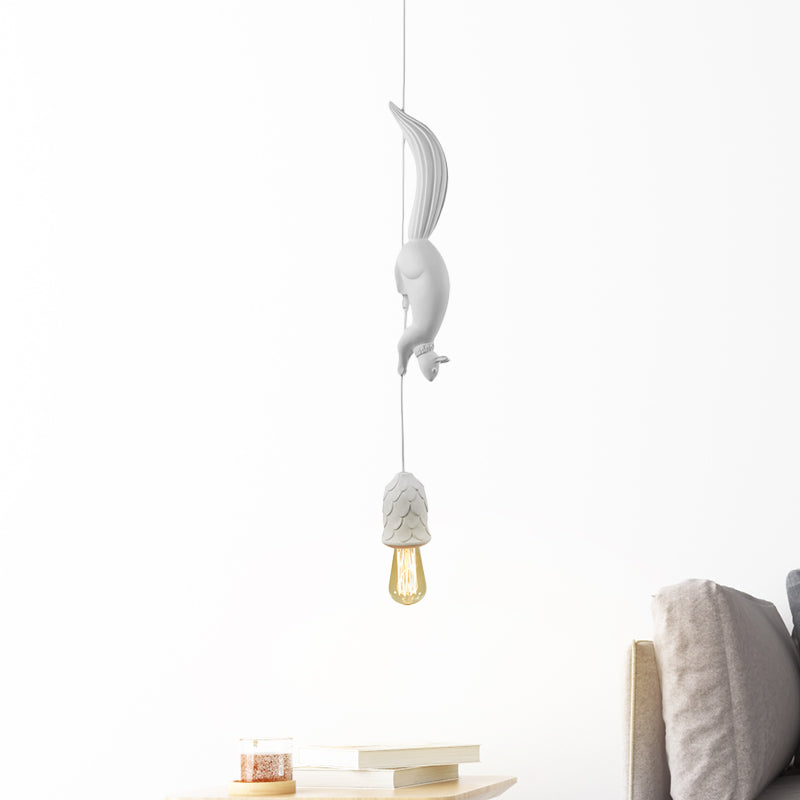 Kids Exposed Bulb Resin Drop Pendant Single Hanging Ceiling Light in White/Black/Brown with Squirrel Tracking Pinecone Design White Clearhalo 'Ceiling Lights' 'Pendant Lights' 'Pendants' Lighting' 760208_a2b4765d-60a5-48ff-8bf7-0414f43ec623