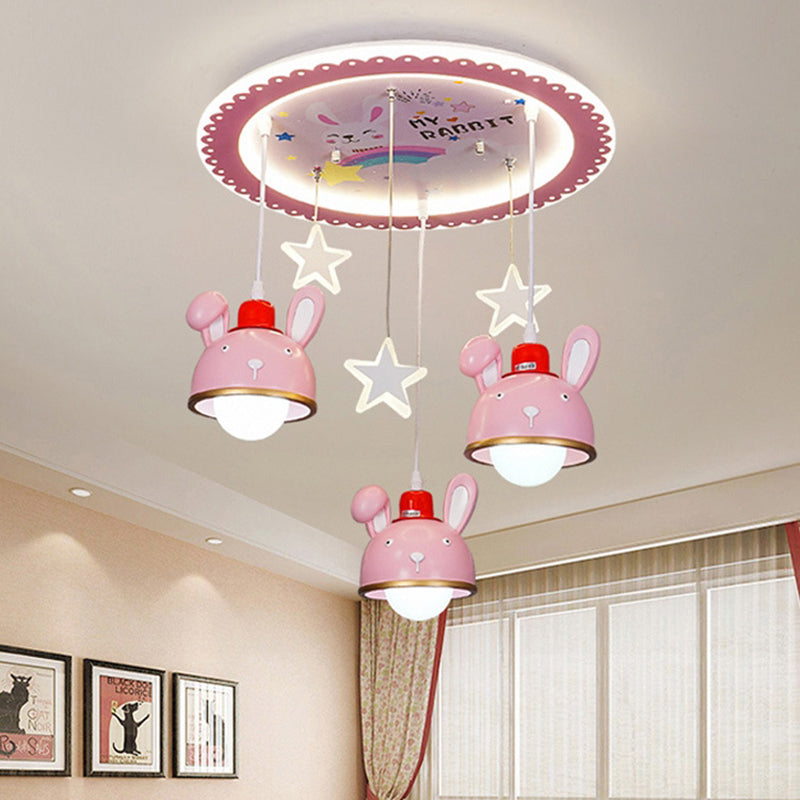 Happy Bunny Girl Bedroom Ceiling Lamp Resin 3 Bulbs Cartoon Flush Mount Fixture with Suspended Dome Shade in Pink Pink Clearhalo 'Ceiling Lights' 'Close To Ceiling Lights' 'Close to ceiling' 'Flush mount' Lighting' 760259