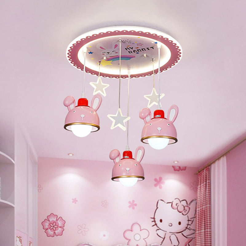 Happy Bunny Girl Bedroom Ceiling Lamp Resin 3 Bulbs Cartoon Flush Mount Fixture with Suspended Dome Shade in Pink Clearhalo 'Ceiling Lights' 'Close To Ceiling Lights' 'Close to ceiling' 'Flush mount' Lighting' 760260