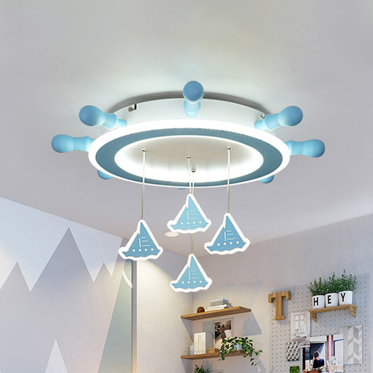 Kid Marine Steering Wheel Flush Light Iron 4-Head Child Room Ceiling Mount Fixture with Draped Sailing Boat in Sky Blue Sky Blue Clearhalo 'Ceiling Lights' 'Close To Ceiling Lights' 'Close to ceiling' 'Flush mount' Lighting' 760267