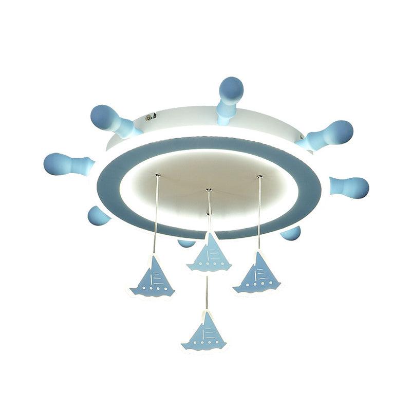 Kid Marine Steering Wheel Flush Light Iron 4-Head Child Room Ceiling Mount Fixture with Draped Sailing Boat in Sky Blue Clearhalo 'Ceiling Lights' 'Close To Ceiling Lights' 'Close to ceiling' 'Flush mount' Lighting' 760268