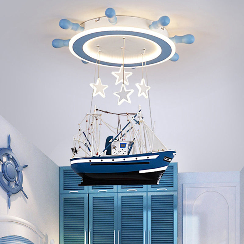 Marine Rudder Acrylic Ceiling Flush Kid Blue Integrated LED Flushmount Lighting with Hanging Sailboat Blue Clearhalo 'Ceiling Lights' 'Close To Ceiling Lights' 'Close to ceiling' 'Flush mount' Lighting' 760271