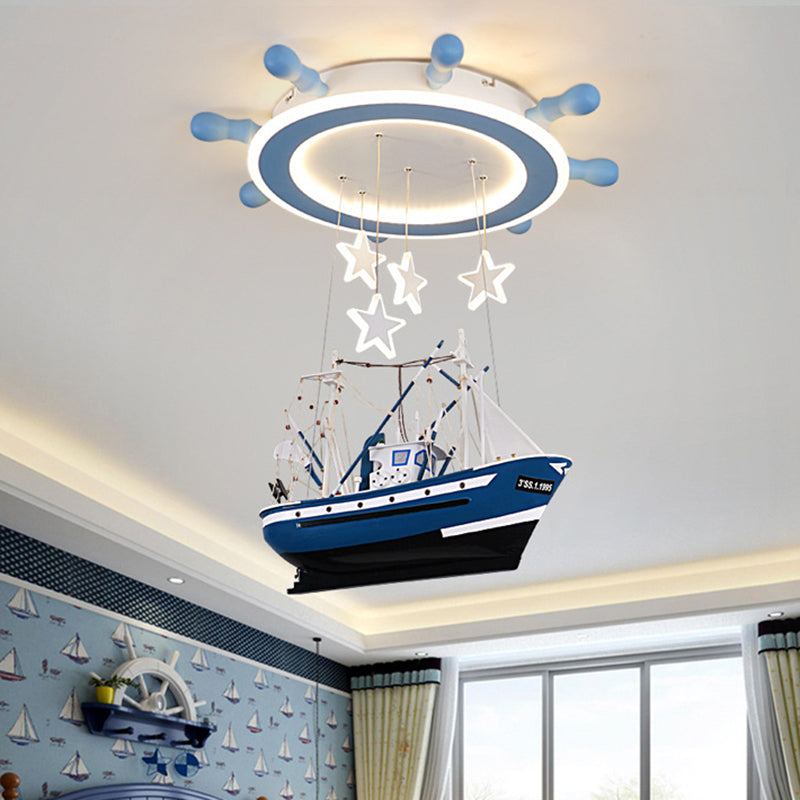 Marine Rudder Acrylic Ceiling Flush Kid Blue Integrated LED Flushmount Lighting with Hanging Sailboat Clearhalo 'Ceiling Lights' 'Close To Ceiling Lights' 'Close to ceiling' 'Flush mount' Lighting' 760272