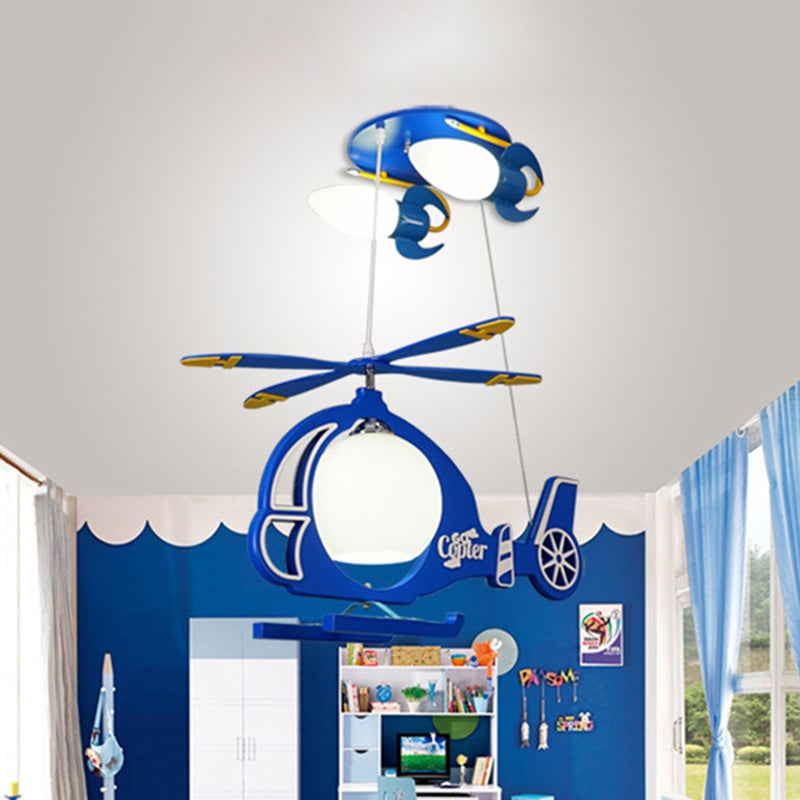 Copter Aircraft Boy's Room Ceiling Light Cream Glass 5-Light Kids Flush Mount Chandelier in Blue Blue A Clearhalo 'Ceiling Lights' 'Close To Ceiling Lights' 'Close to ceiling' 'Flush mount' Lighting' 760275