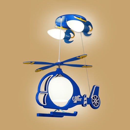 Copter Aircraft Boy's Room Ceiling Light Cream Glass 5-Light Kids Flush Mount Chandelier in Blue Clearhalo 'Ceiling Lights' 'Close To Ceiling Lights' 'Close to ceiling' 'Flush mount' Lighting' 760277