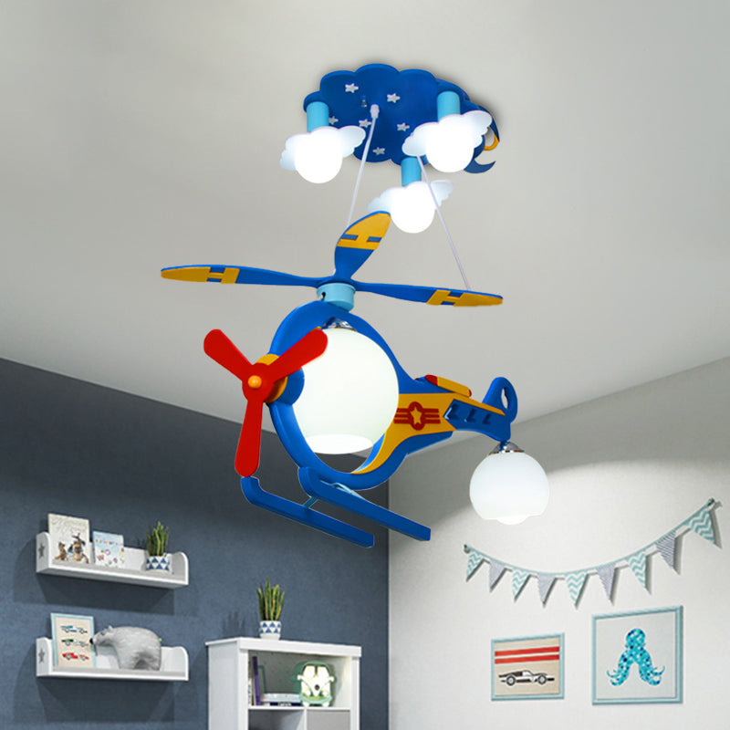 Copter Aircraft Boy's Room Ceiling Light Cream Glass 5-Light Kids Flush Mount Chandelier in Blue Blue B Clearhalo 'Ceiling Lights' 'Close To Ceiling Lights' 'Close to ceiling' 'Flush mount' Lighting' 760279