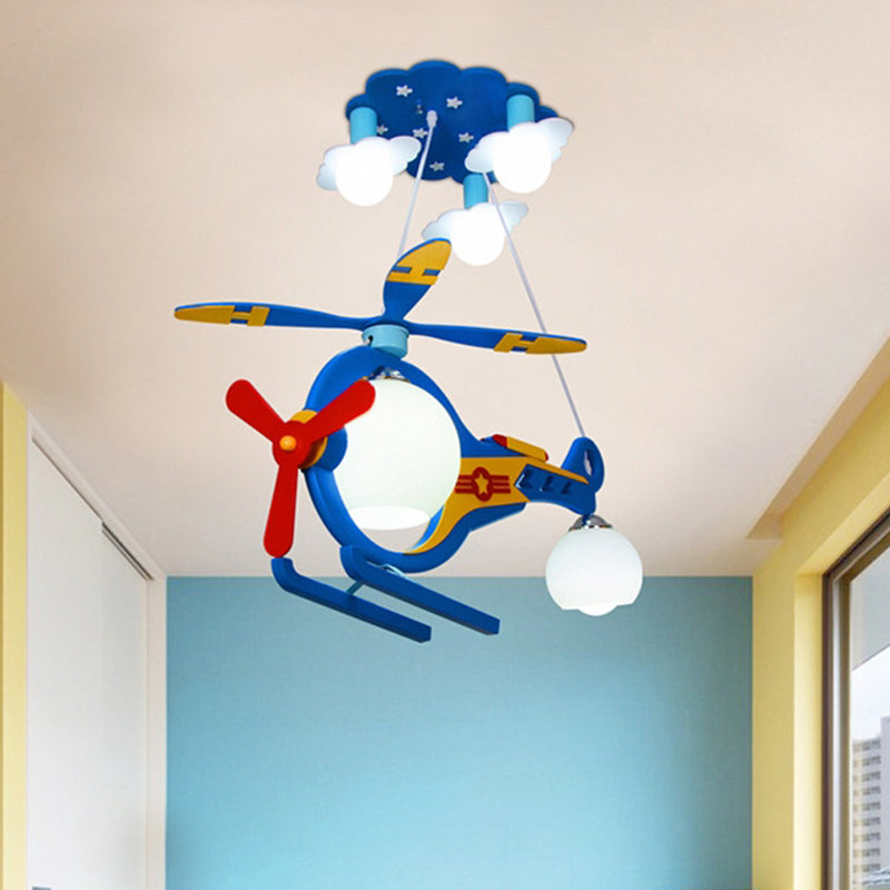 Copter Aircraft Boy's Room Ceiling Light Cream Glass 5-Light Kids Flush Mount Chandelier in Blue Clearhalo 'Ceiling Lights' 'Close To Ceiling Lights' 'Close to ceiling' 'Flush mount' Lighting' 760280