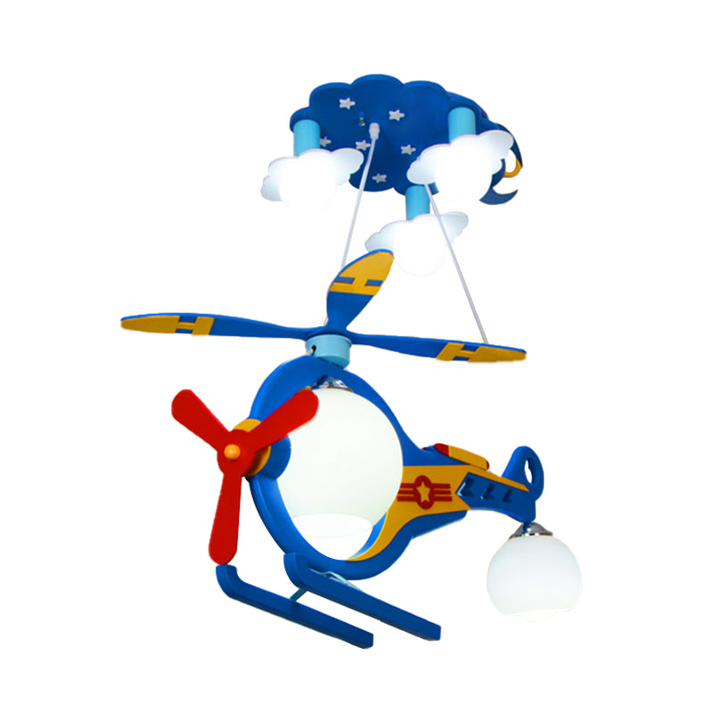 Copter Aircraft Boy's Room Ceiling Light Cream Glass 5-Light Kids Flush Mount Chandelier in Blue Clearhalo 'Ceiling Lights' 'Close To Ceiling Lights' 'Close to ceiling' 'Flush mount' Lighting' 760281