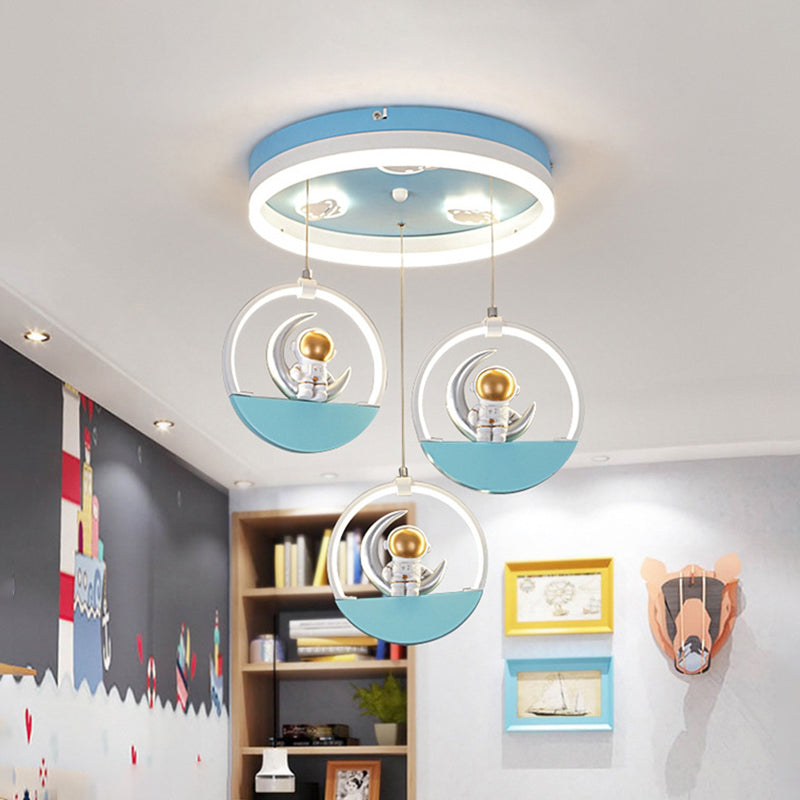 Kids Style 3-Bulb LED Flush Light Gold/Silver Draping Spaceman Sitting On The Moon Ceiling Mount Lamp with Acrylic Shade Gold Clearhalo 'Ceiling Lights' 'Close To Ceiling Lights' 'Close to ceiling' 'Flush mount' Lighting' 760286