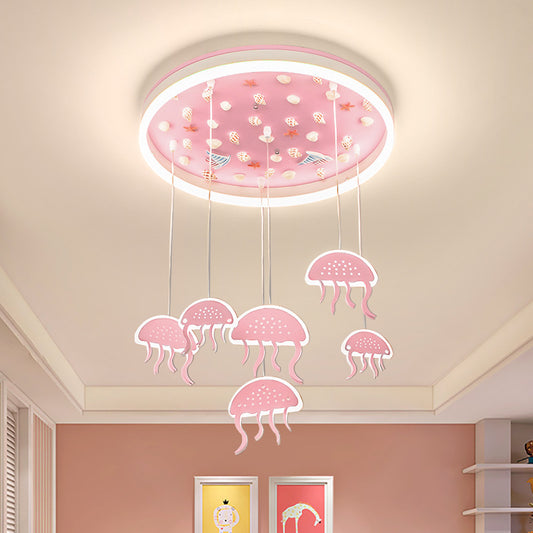 Kids Halo Ring Acrylic Flush Light LED Ceiling Mounted Lighting in Pink with Jellyfish Pendant and Seashell Decor Pink Clearhalo 'Ceiling Lights' 'Close To Ceiling Lights' 'Close to ceiling' 'Flush mount' Lighting' 760289