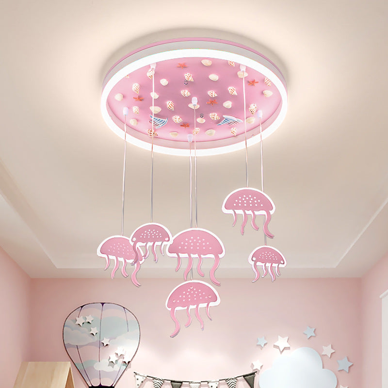 Kids Halo Ring Acrylic Flush Light LED Ceiling Mounted Lighting in Pink with Jellyfish Pendant and Seashell Decor Clearhalo 'Ceiling Lights' 'Close To Ceiling Lights' 'Close to ceiling' 'Flush mount' Lighting' 760290