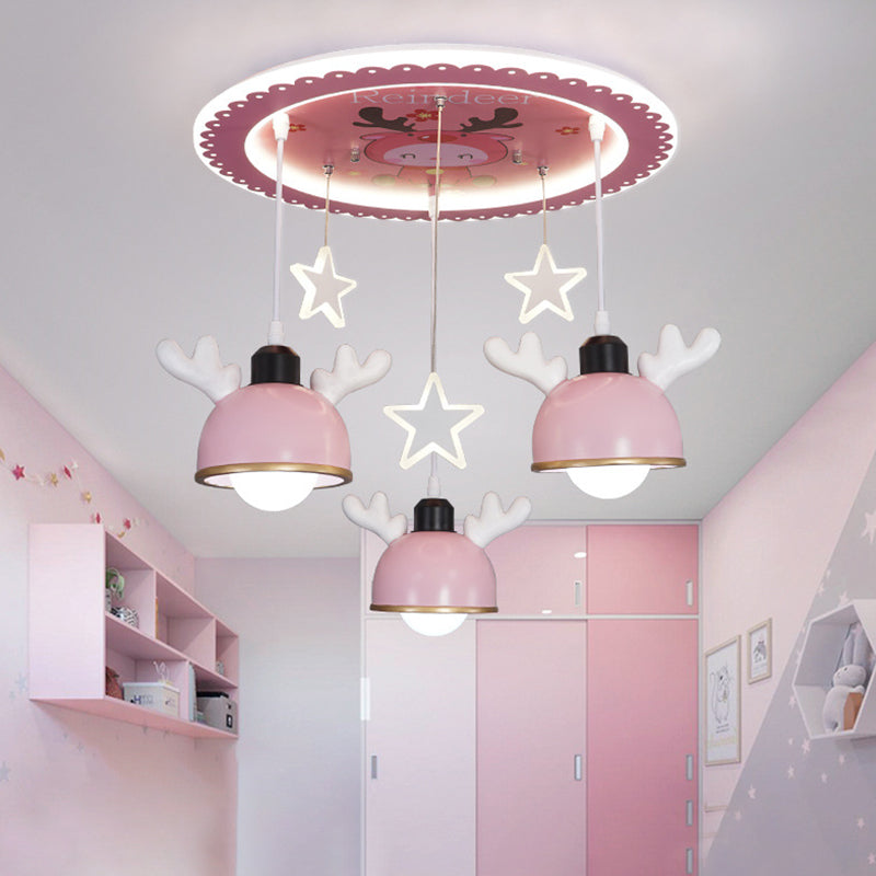 Cartoon Deer Resin Flush Mount Lamp 3 Bulbs Ceiling Lighting with Hanging Bowl Lampshade in Pink/Blue Pink Clearhalo 'Ceiling Lights' 'Close To Ceiling Lights' 'Close to ceiling' 'Flush mount' Lighting' 760303