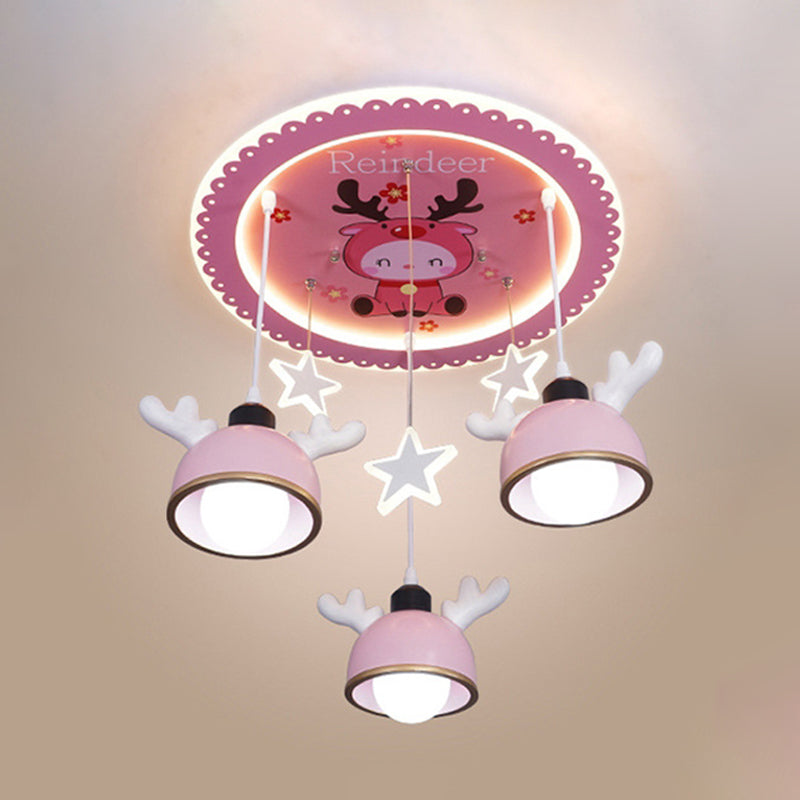 Cartoon Deer Resin Flush Mount Lamp 3 Bulbs Ceiling Lighting with Hanging Bowl Lampshade in Pink/Blue Clearhalo 'Ceiling Lights' 'Close To Ceiling Lights' 'Close to ceiling' 'Flush mount' Lighting' 760305