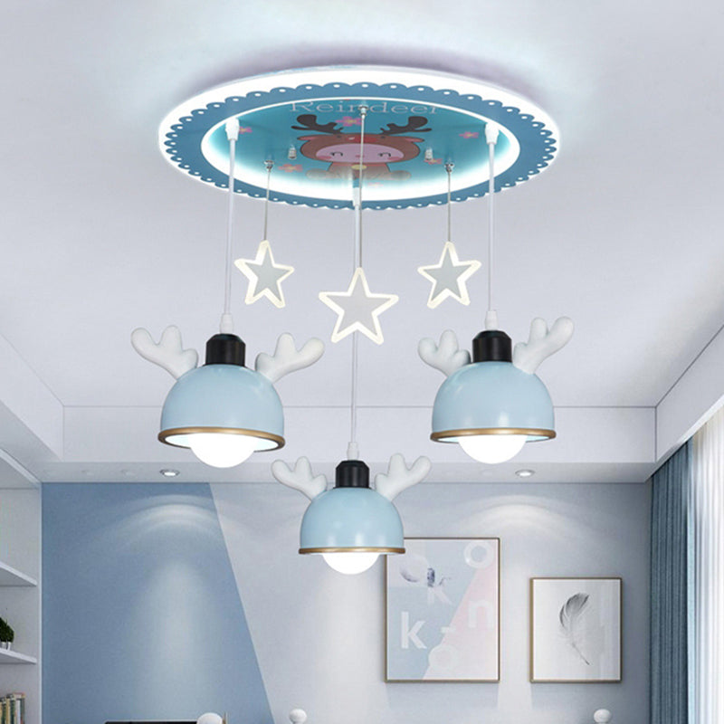 Cartoon Deer Resin Flush Mount Lamp 3 Bulbs Ceiling Lighting with Hanging Bowl Lampshade in Pink/Blue Blue Clearhalo 'Ceiling Lights' 'Close To Ceiling Lights' 'Close to ceiling' 'Flush mount' Lighting' 760307