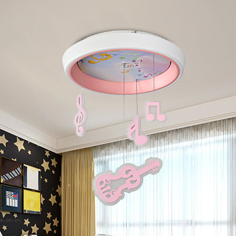 Draping Guitar and Rhythm Ceiling Lamp Kid Metal Children Bedroom LED Flush Mount Fixture in Pink/Blue Pink Clearhalo 'Ceiling Lights' 'Close To Ceiling Lights' 'Close to ceiling' 'Flush mount' Lighting' 760314