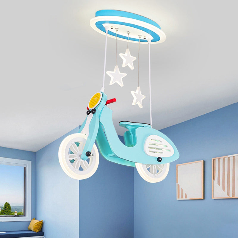 Wood Suspended Motorcycle Ceiling Light Cartoon Blue/Pink LED Flush Mount Lighting with Acrylic Shade Blue Clearhalo 'Ceiling Lights' 'Close To Ceiling Lights' 'Close to ceiling' 'Flush mount' Lighting' 760317