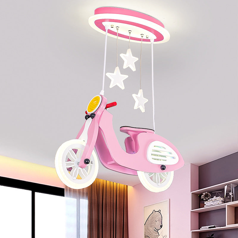 Wood Suspended Motorcycle Ceiling Light Cartoon Blue/Pink LED Flush Mount Lighting with Acrylic Shade Pink Clearhalo 'Ceiling Lights' 'Close To Ceiling Lights' 'Close to ceiling' 'Flush mount' Lighting' 760321