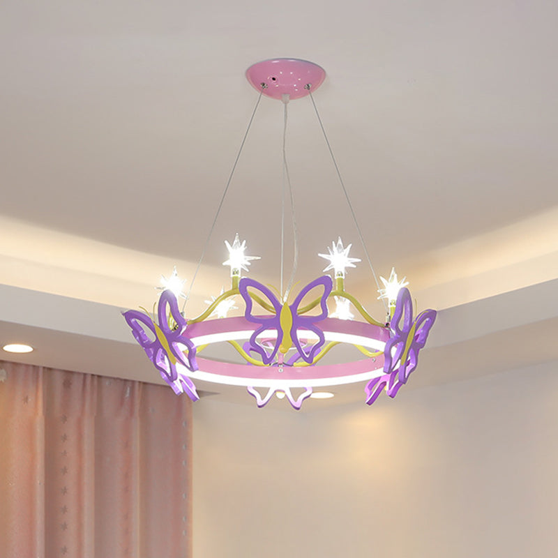 7 Bulbs Girl Room Hanging Chandelier Kid Pink Pendant Lamp with Butterfly/Crown Acrylic Shade Clearhalo 'Ceiling Lights' 'Chandeliers' Lighting' options 760336