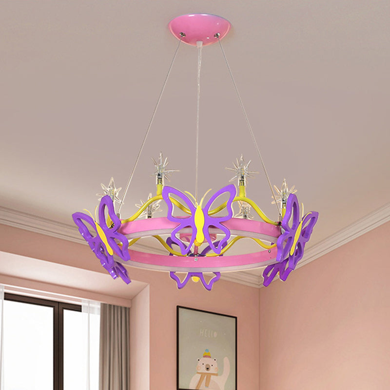 7 Bulbs Girl Room Hanging Chandelier Kid Pink Pendant Lamp with Butterfly/Crown Acrylic Shade Clearhalo 'Ceiling Lights' 'Chandeliers' Lighting' options 760337