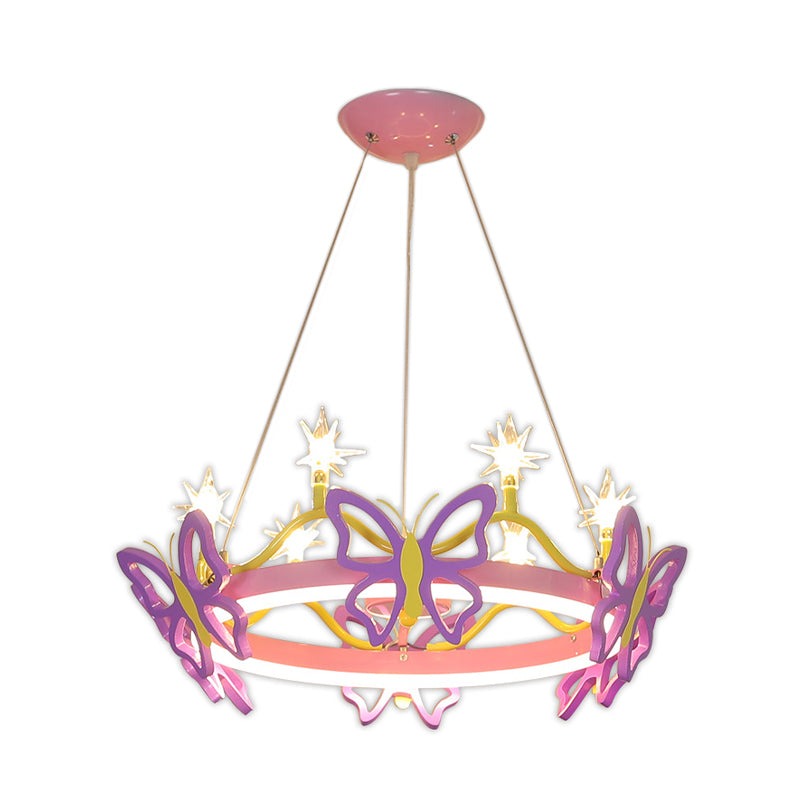 7 Bulbs Girl Room Hanging Chandelier Kid Pink Pendant Lamp with Butterfly/Crown Acrylic Shade Clearhalo 'Ceiling Lights' 'Chandeliers' Lighting' options 760338