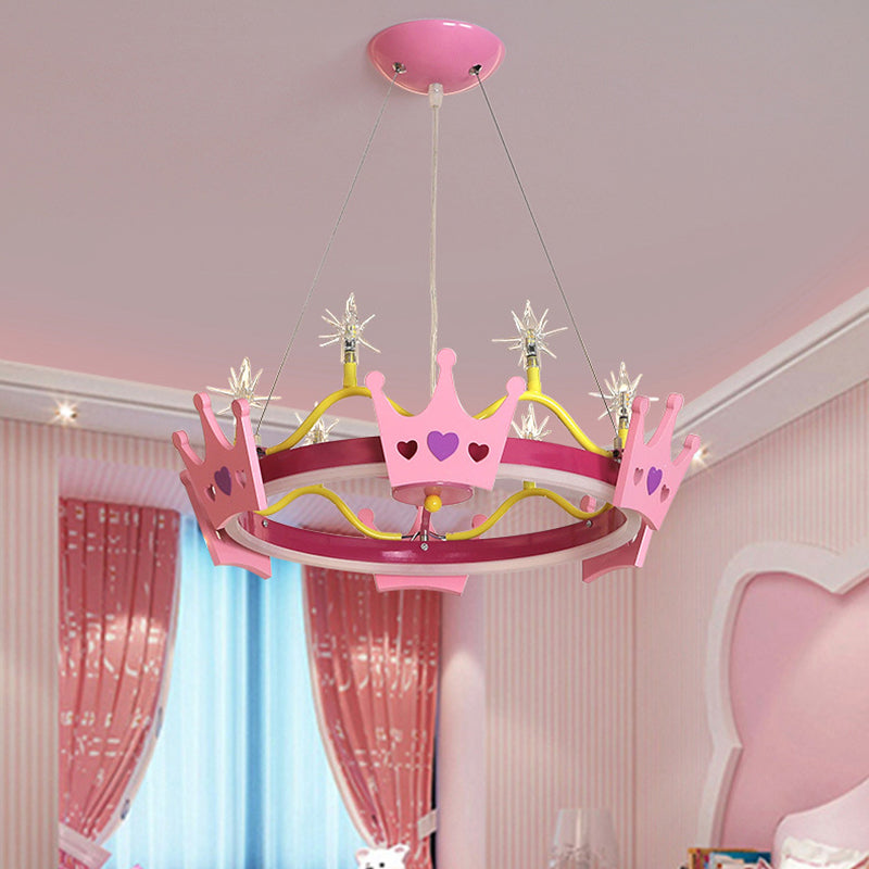 7 Bulbs Girl Room Hanging Chandelier Kid Pink Pendant Lamp with Butterfly/Crown Acrylic Shade Clearhalo 'Ceiling Lights' 'Chandeliers' Lighting' options 760340