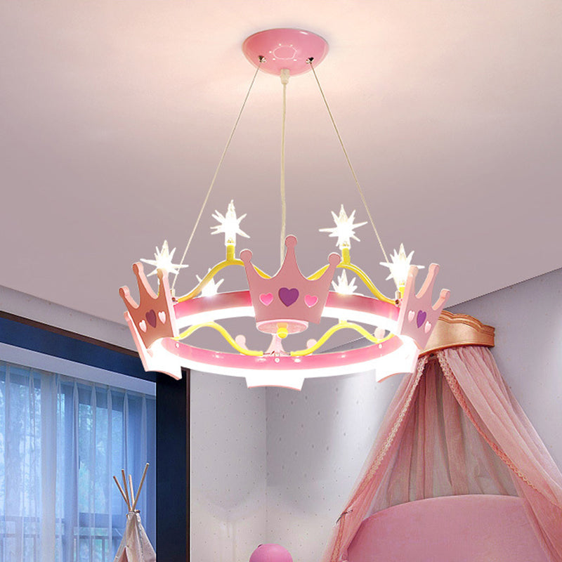 7 Bulbs Girl Room Hanging Chandelier Kid Pink Pendant Lamp with Butterfly/Crown Acrylic Shade Clearhalo 'Ceiling Lights' 'Chandeliers' Lighting' options 760341