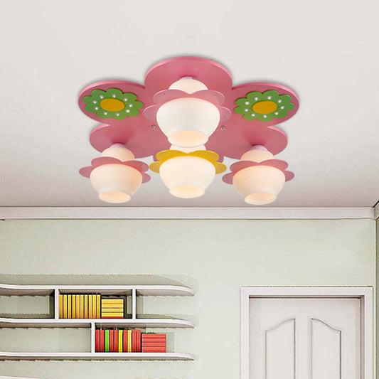 Hand-Worked Wood Blossom Flush Light Kids 4-Light Pink Ceiling Mount Fixture with Gourd Milky Glass Shade Pink Clearhalo 'Ceiling Lights' 'Close To Ceiling Lights' 'Close to ceiling' 'Flush mount' Lighting' 760352