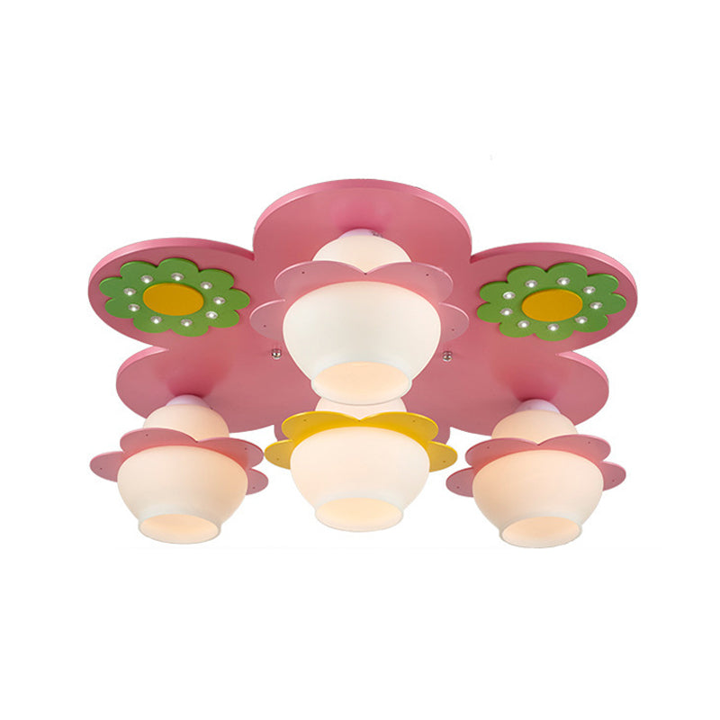 Hand-Worked Wood Blossom Flush Light Kids 4-Light Pink Ceiling Mount Fixture with Gourd Milky Glass Shade Clearhalo 'Ceiling Lights' 'Close To Ceiling Lights' 'Close to ceiling' 'Flush mount' Lighting' 760353