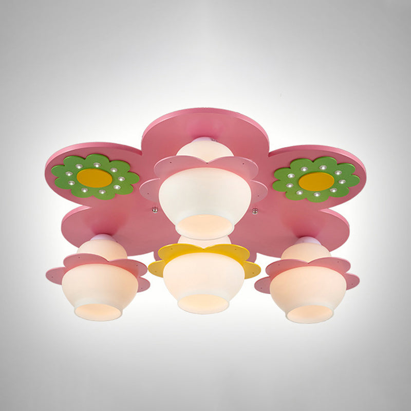 Hand-Worked Wood Blossom Flush Light Kids 4-Light Pink Ceiling Mount Fixture with Gourd Milky Glass Shade Clearhalo 'Ceiling Lights' 'Close To Ceiling Lights' 'Close to ceiling' 'Flush mount' Lighting' 760354