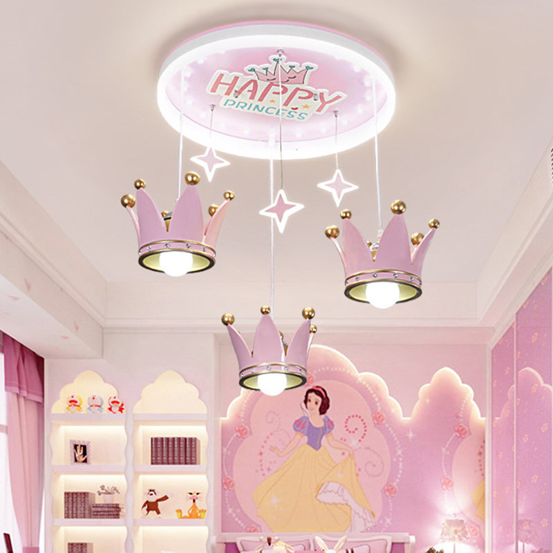 Kids Circular Acrylic Ceiling Flush 3 Bulbs Flush Mounted Lighting with Suspended Resin Crown in Pink Pink Clearhalo 'Ceiling Lights' 'Close To Ceiling Lights' 'Close to ceiling' 'Flush mount' Lighting' 760360