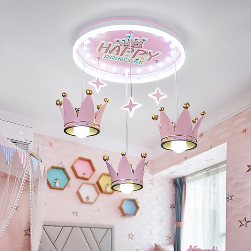 Kids Circular Acrylic Ceiling Flush 3 Bulbs Flush Mounted Lighting with Suspended Resin Crown in Pink Clearhalo 'Ceiling Lights' 'Close To Ceiling Lights' 'Close to ceiling' 'Flush mount' Lighting' 760361