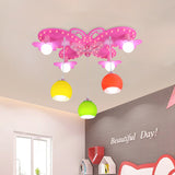 Colorful Glass Dome Flush Mount Lighting Kid 7 Heads Ceiling Mount Chandelier with Butterfly Canopy in Pink Pink Clearhalo 'Ceiling Lights' 'Close To Ceiling Lights' 'Close to ceiling' 'Flush mount' Lighting' 760368